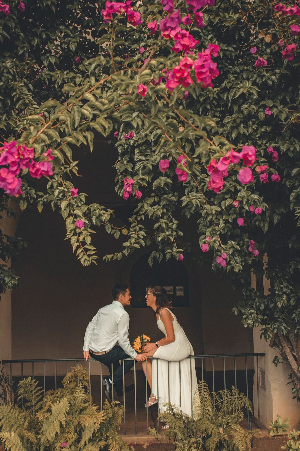 Romantic wedding couple under blooming pink bougainvillea flowers.