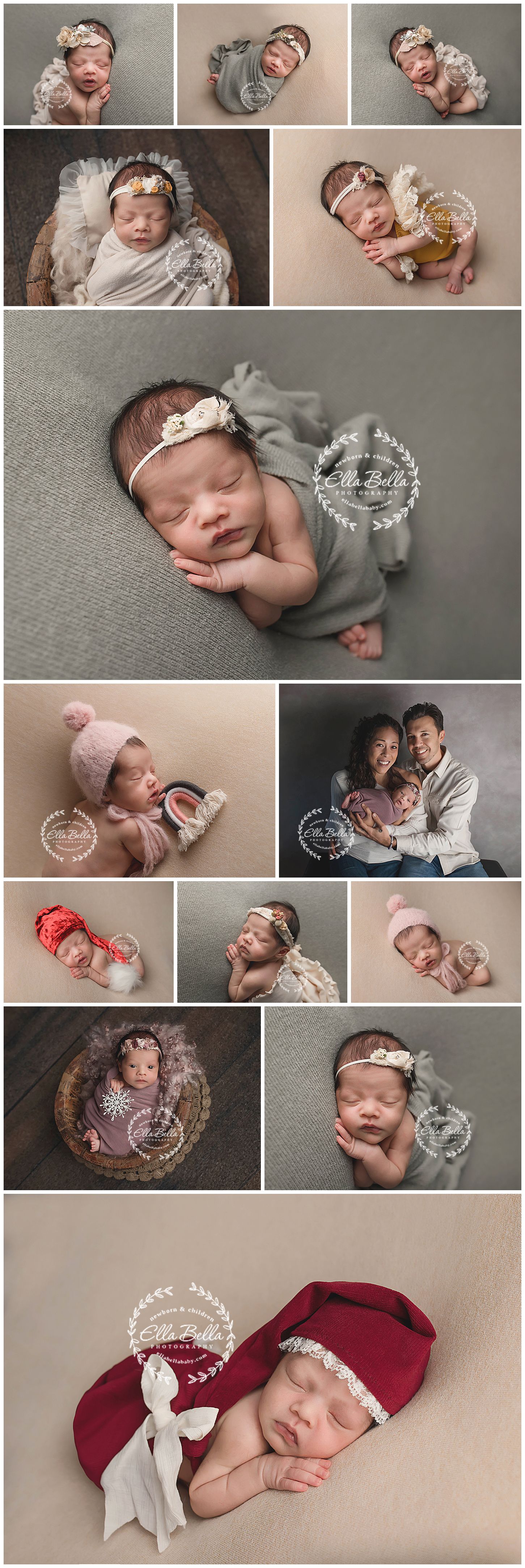 Collection of artistic newborn photos featuring soft wraps and delicate headbands.