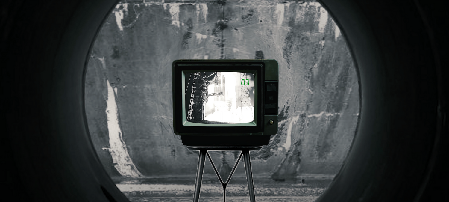Vintage television set displayed in dark concrete tunnel or archway.