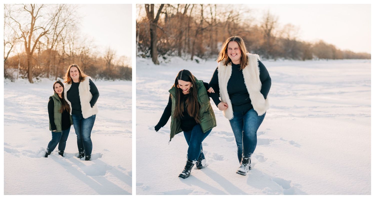 collage of two sisters posing together on a snowy beach at sunset