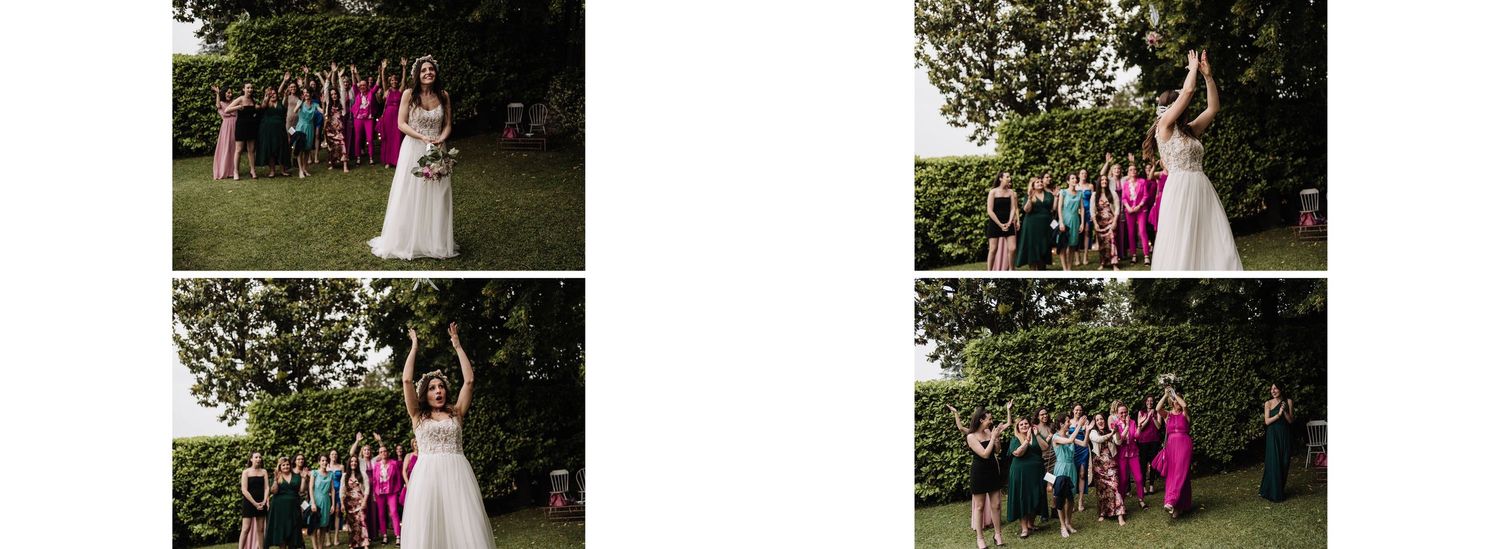 Bride tossing bouquet to excited group of bridesmaids in colorful dresses at outdoor wedding reception.