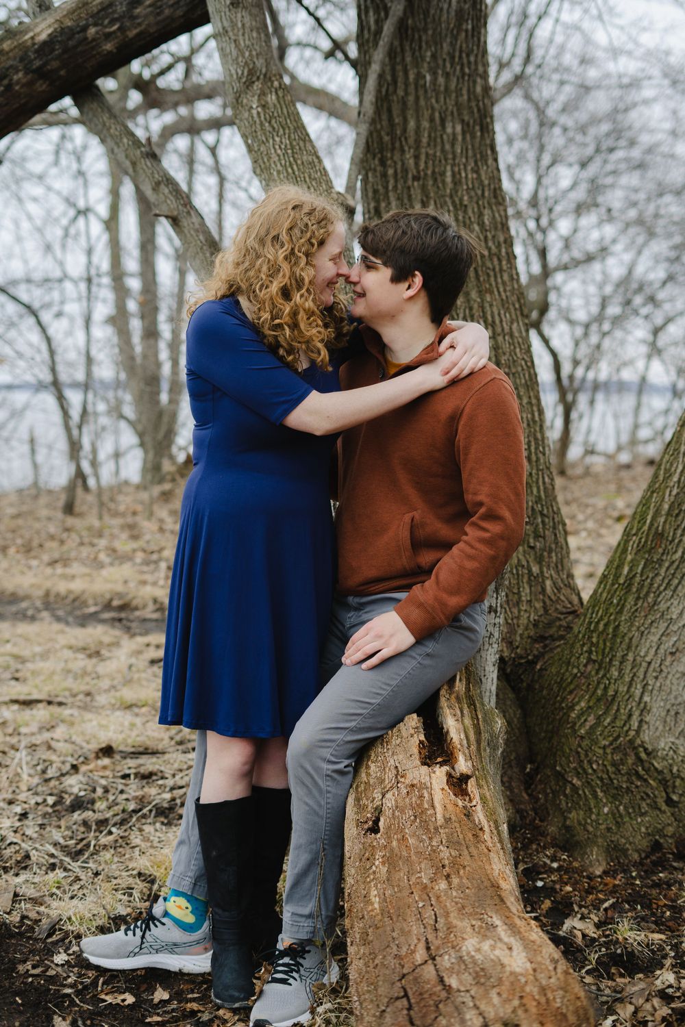 jake and emily touching foreheads - couple photography in madison wisconsin