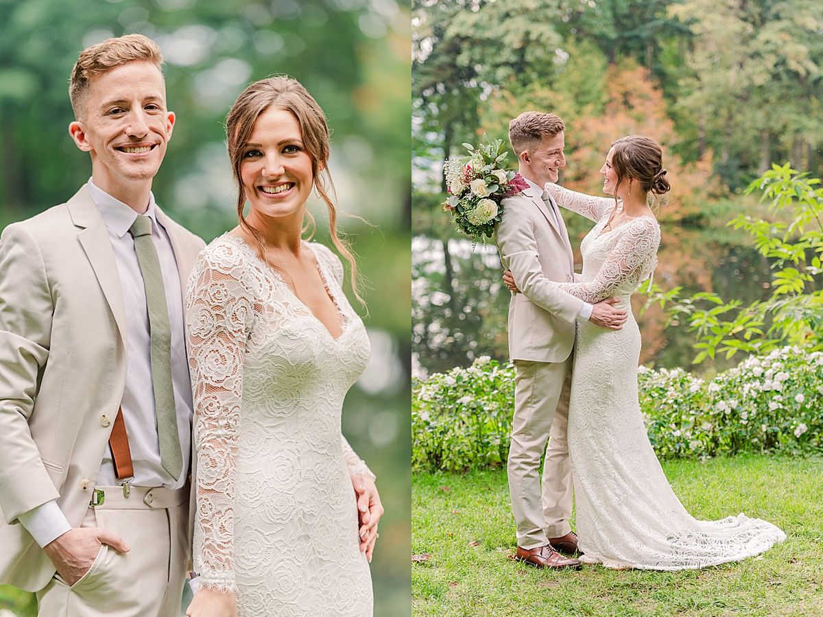 Bride and groom pose for Indianapolis wedding photographer during portraits