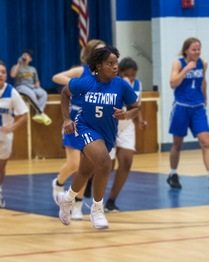 Basketball player in blue Westmont jersey dribbles on indoor court during game action.