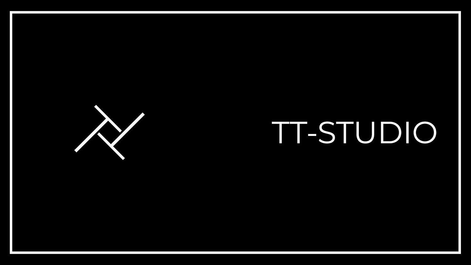 Minimalist black and white logo design for TT-Studio against dark background.