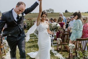 Bride and groom at wedding in Blomidon, Annapolis Valley, Nova Scotia Canada