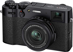 Black Fujifilm X100V compact digital camera with fixed lens.