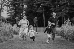 A family having fun and laughing during a race