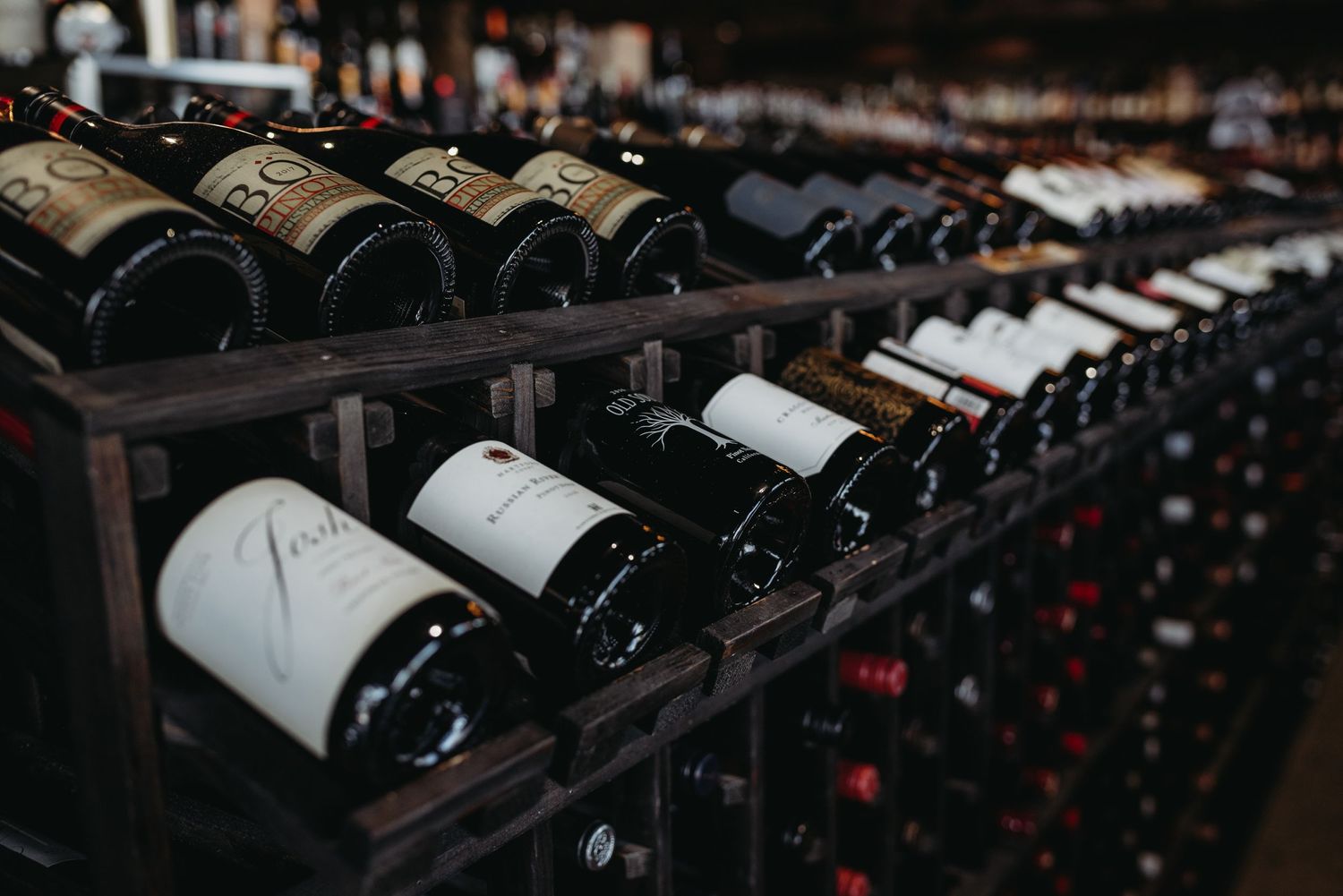 Dark wine cellar with rows of bottles illuminated by ambient lighting.