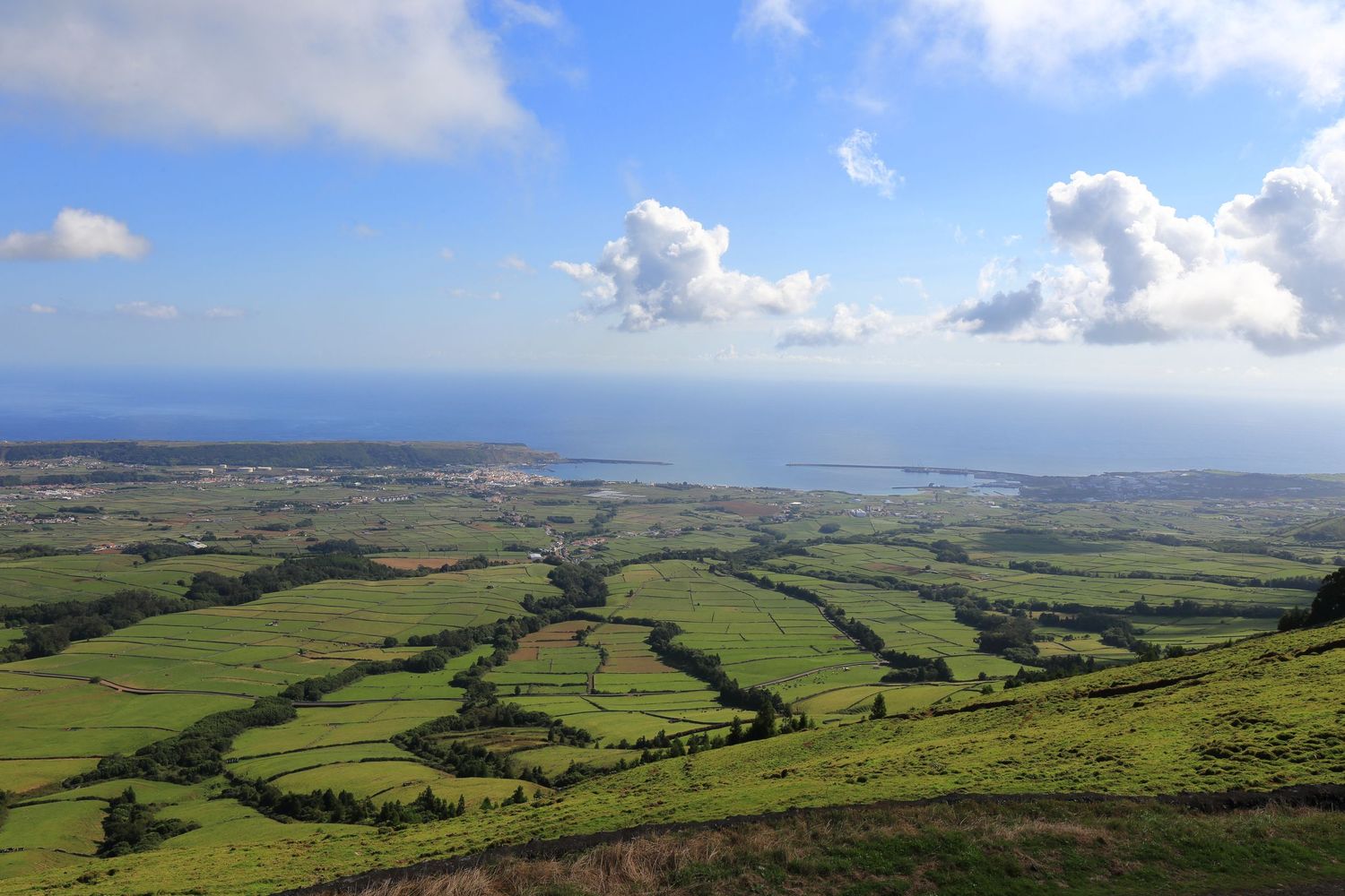 Rolling green hills and patchwork fields stretch toward a blue ocean under scattered clouds in a coastal landscape.
