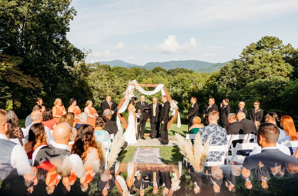 A panoramic collage of an outdoor wedding ceremony and reception with mountain views and natural scenery in the background.