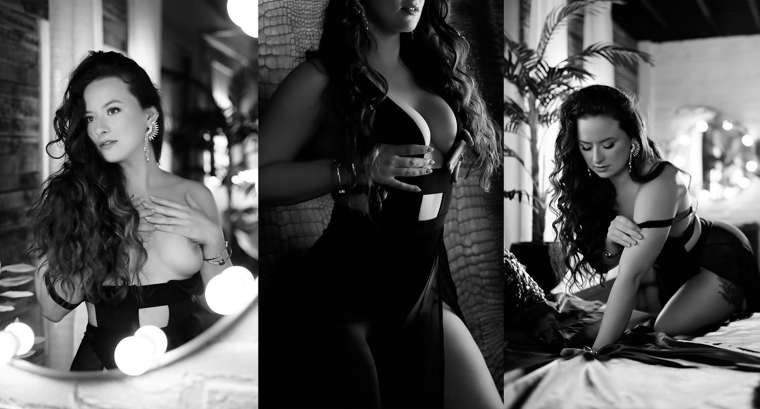 Artistic black and white boudoir photography triptych showing sensual poses in moody lighting.