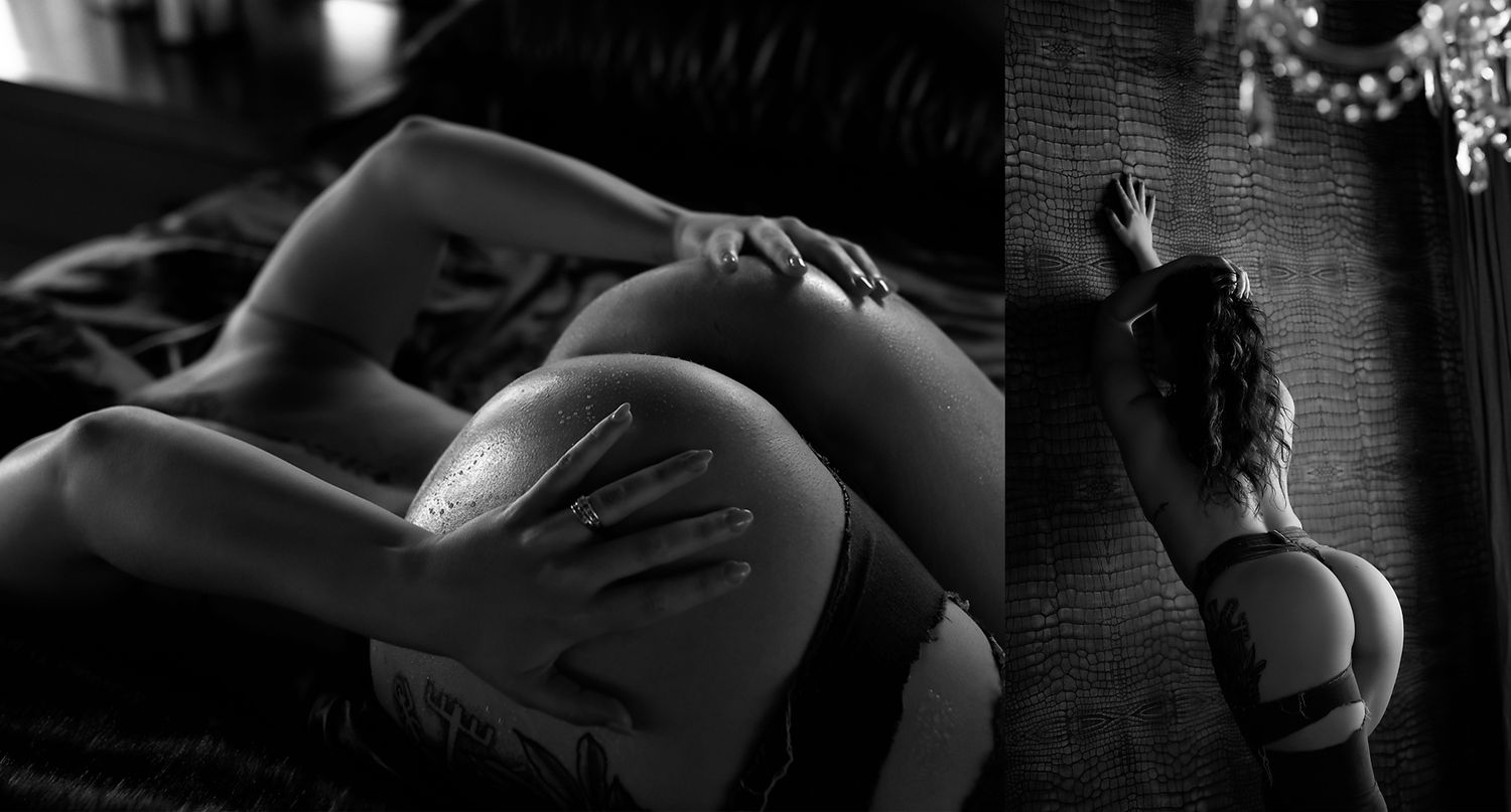 Artistic black and white boudoir photography composition showing silhouettes and shadows against a brick wall.