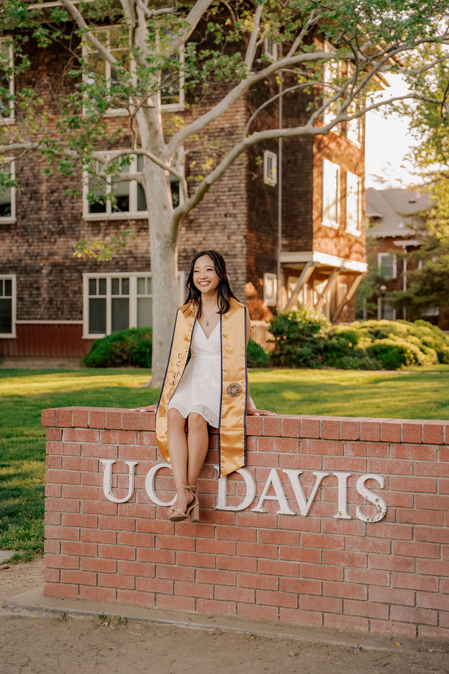 Graduate poses on UC Davis brick sign during golden hour.