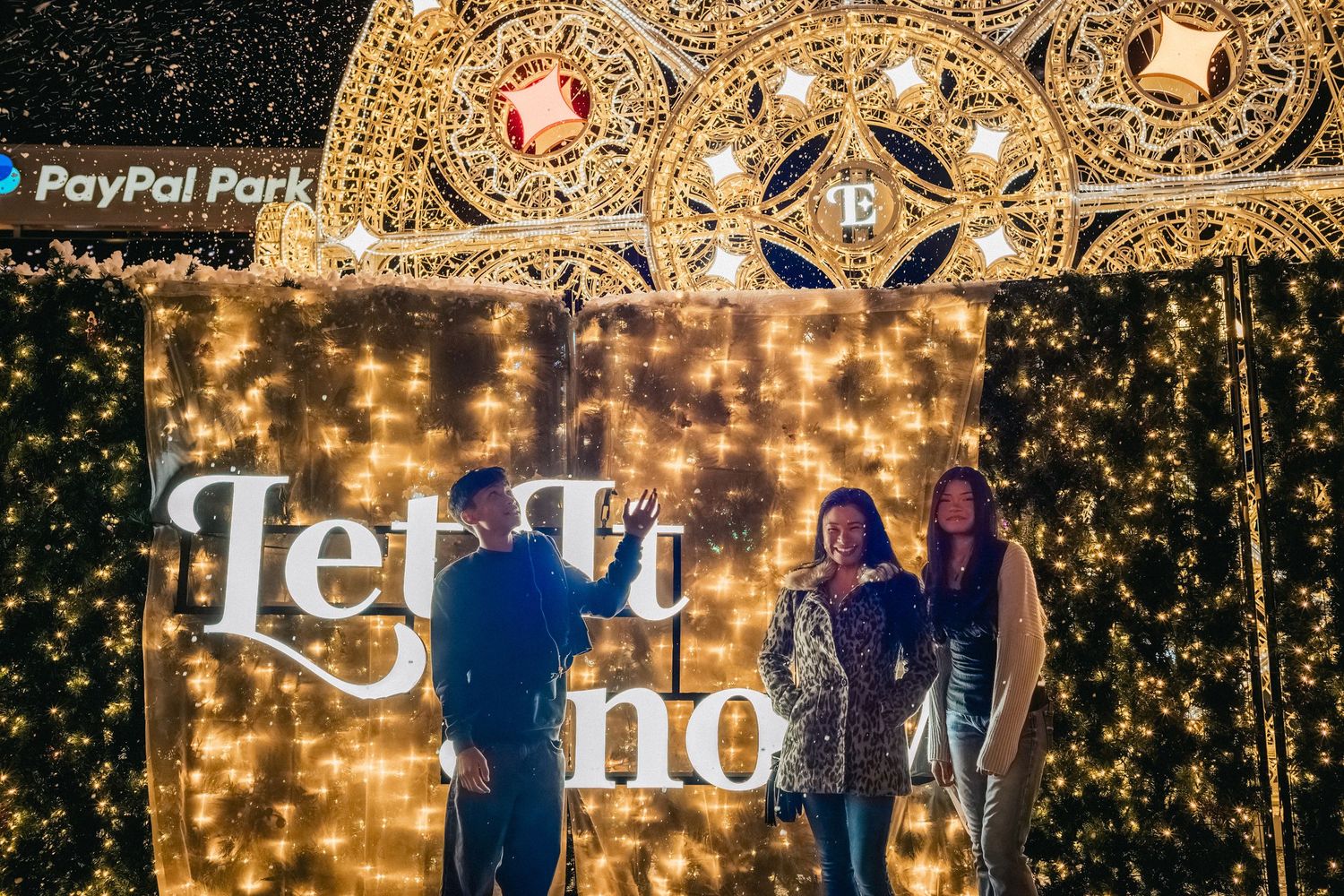 Illuminated outdoor holiday display with sparkling lights and decorative lettering.