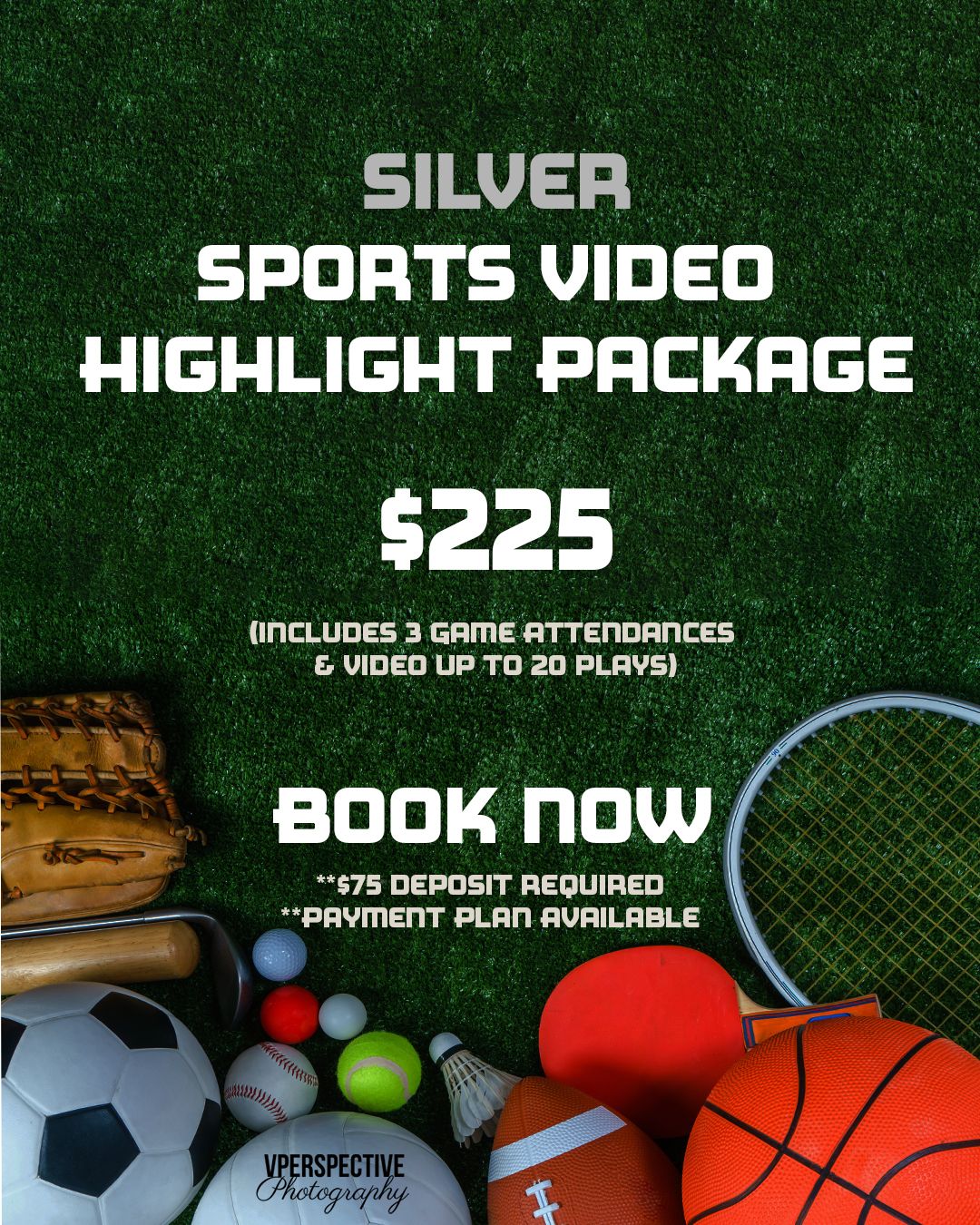 Silver sports highlight package promotion with athletic equipment on green turf.