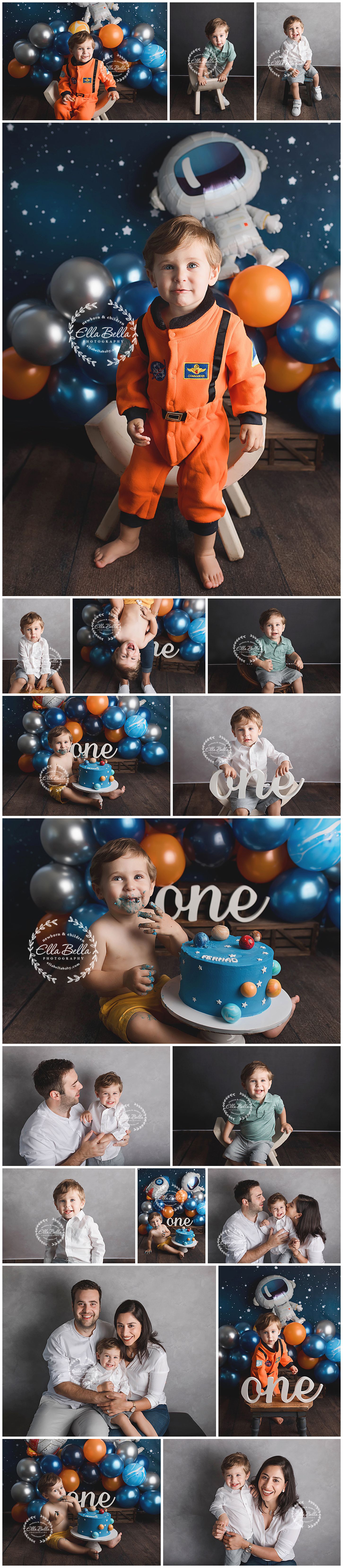 Astronaut themed first birthday photo collection with space decorations and family portraits.