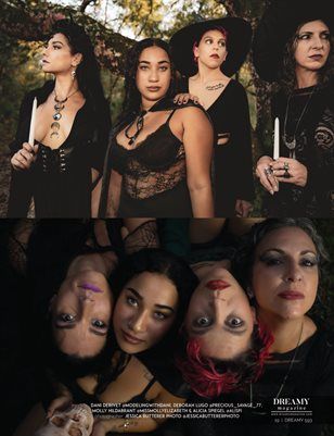 Creative split reflection portrait of four women in dark artistic fashion shoot.