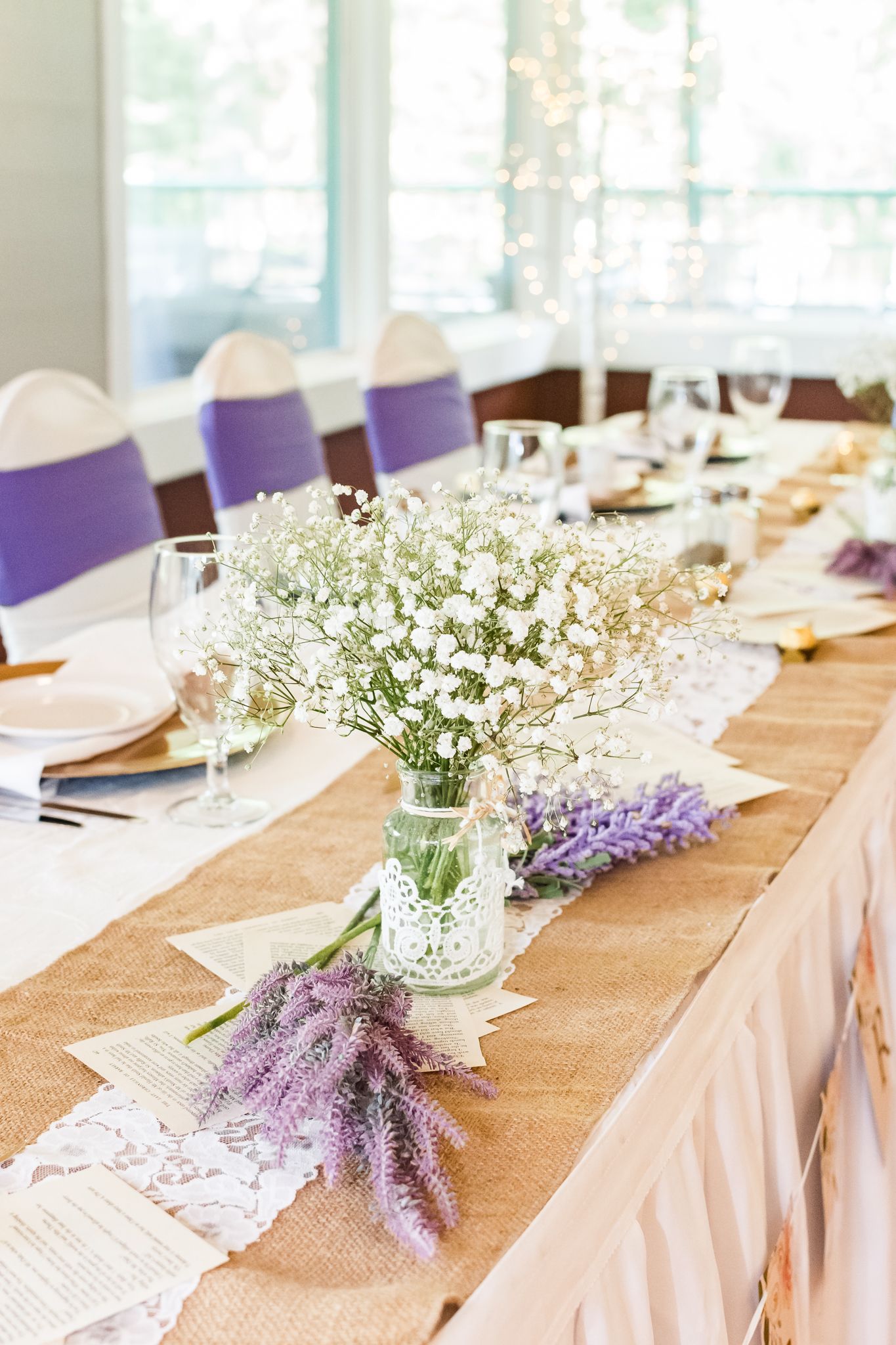 Lavender reception table details at Hope Golf Course. Photo by Vancouver wedding photographer, Kari Mills Photography.