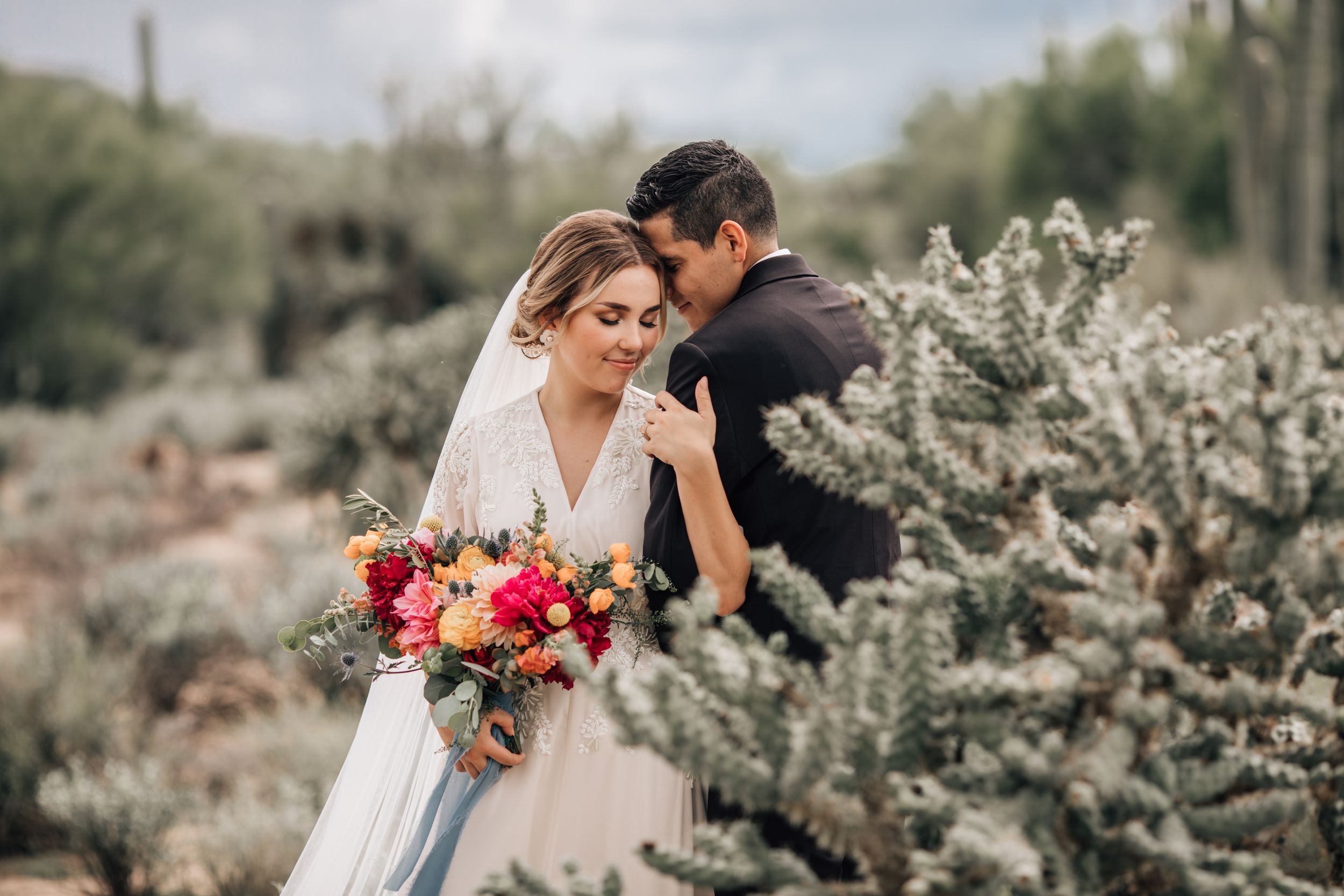 Tucson wedding photo of a bride and groom embracing near cactus plants with desert scenery behind them
