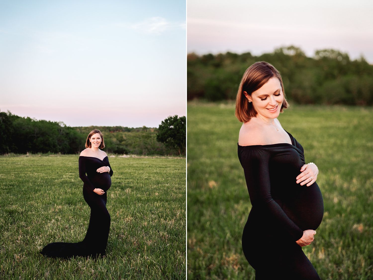 mother to be posed for maternity photos in green field at sunset