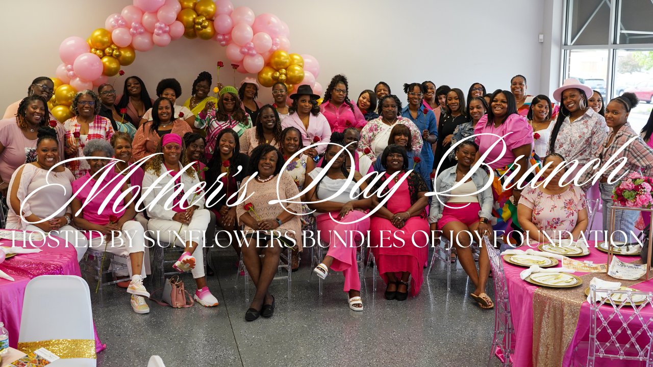 Mother's Day brunch event scene with pink balloon arch and decorative text overlay.