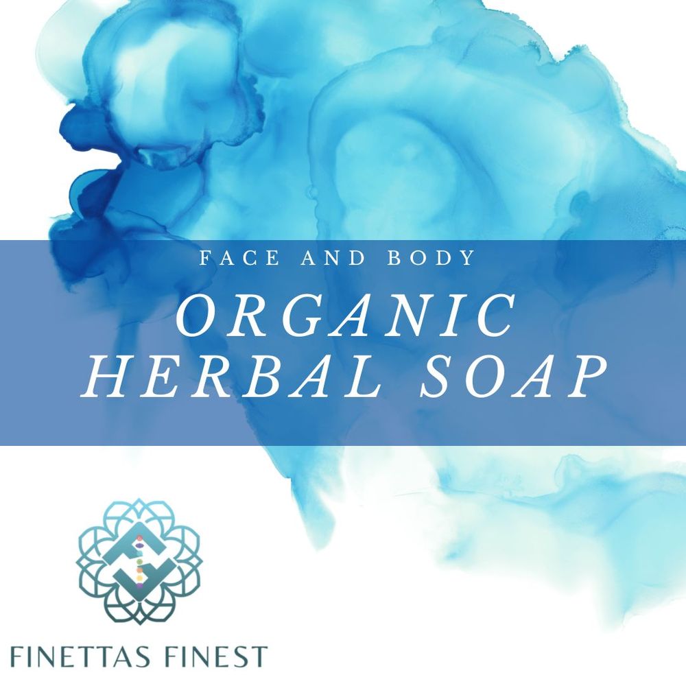 Organic herbal soap product label with blue watercolor design and mandala logo.