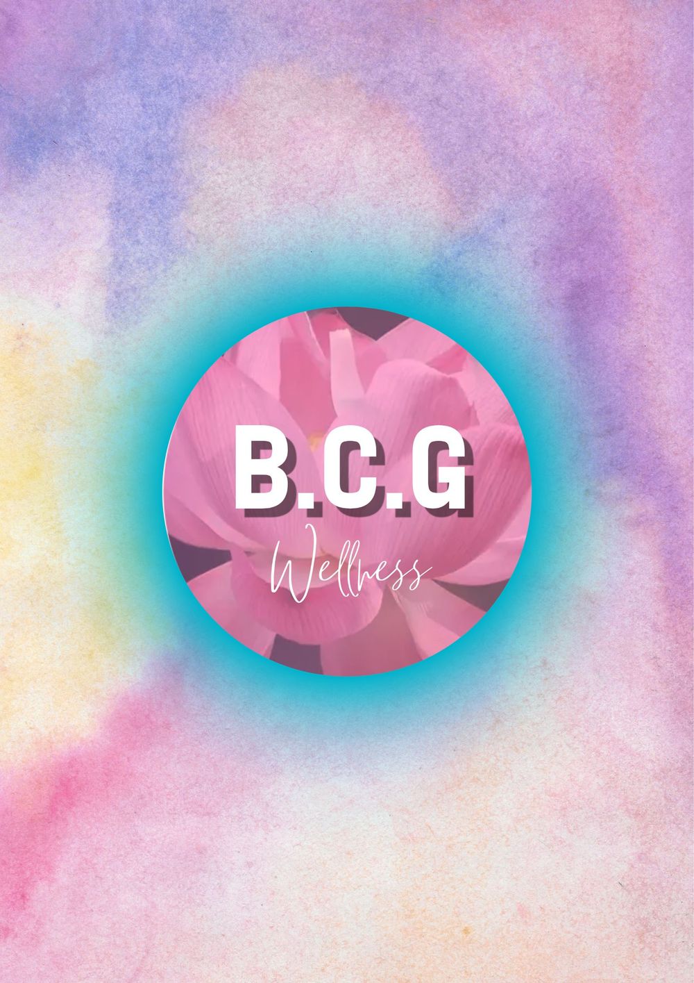 BCG Wellness logo design with pink geometric shape on pastel watercolor background.