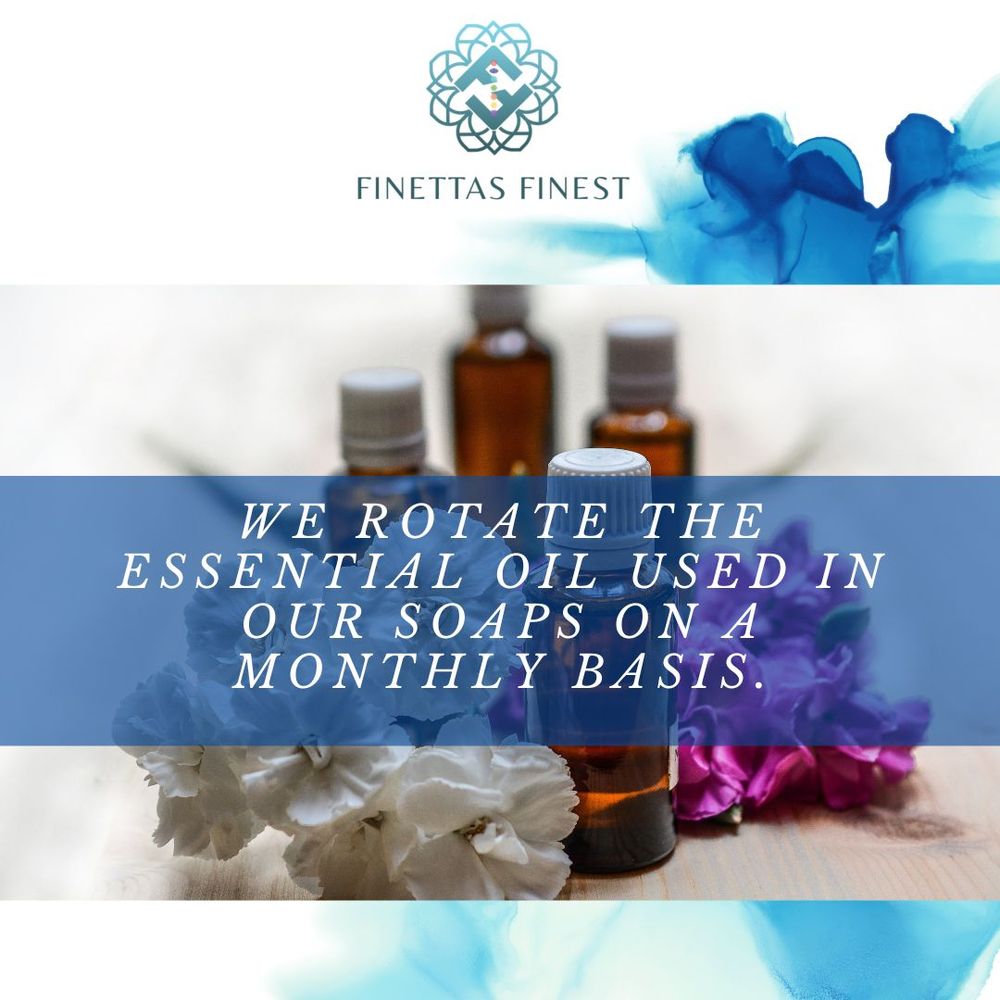 Essential oil product image with blue watercolor header and glass bottles.