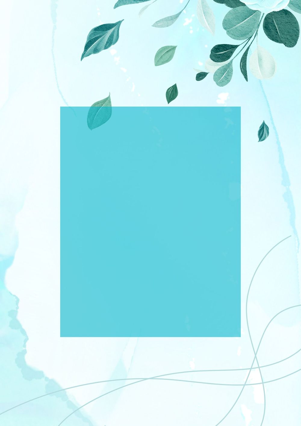 Minimalist design with turquoise rectangle and decorative green leaves on light blue background.