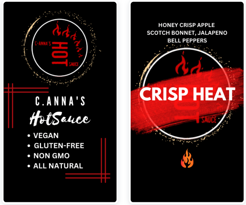 Product labels for C. Anna's Hot Sauce showing vegan and gluten-free certifications and Crisp Heat branding.