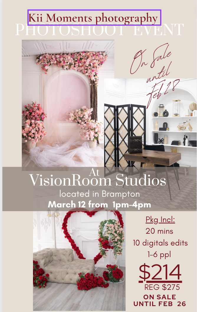 Photography studio advertisement with pink floral arch backdrop at Vision Studios.