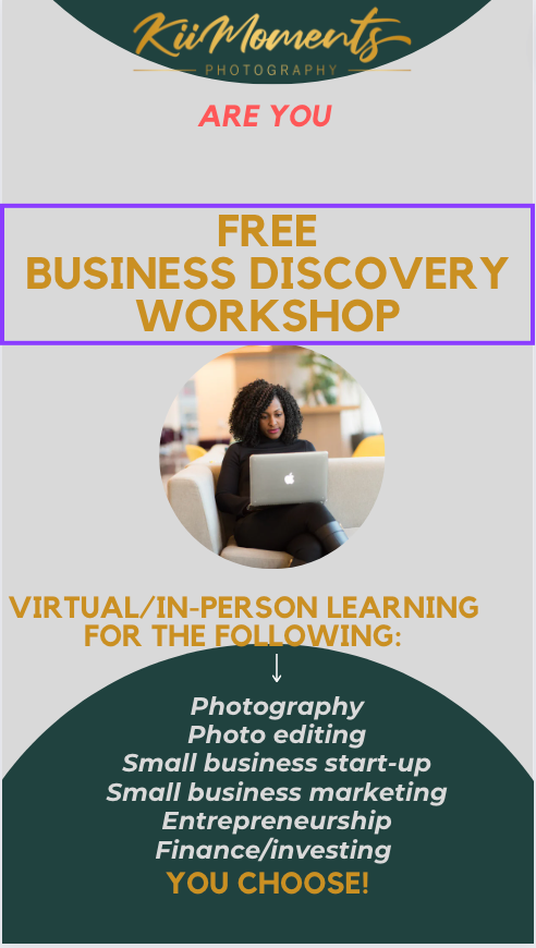 Business workshop advertisement for photography and entrepreneurship training.