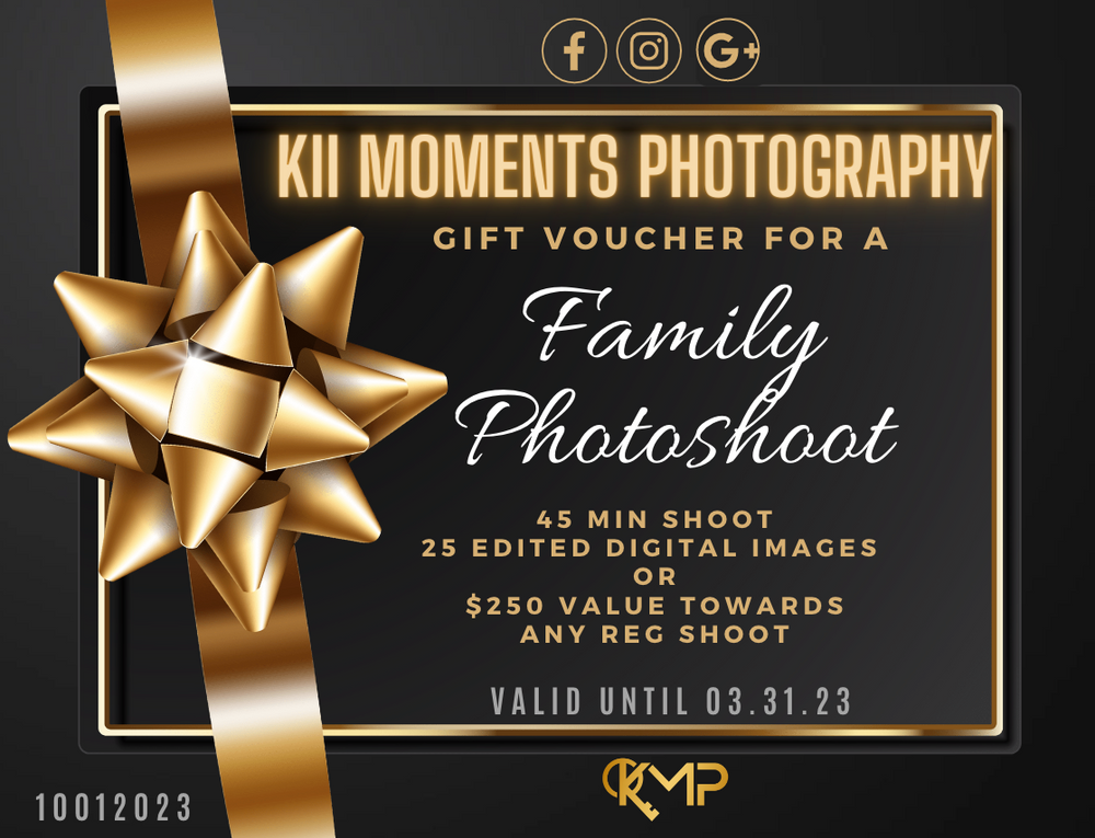 Elegant gold and black photography gift voucher for family photoshoot with bow decoration.