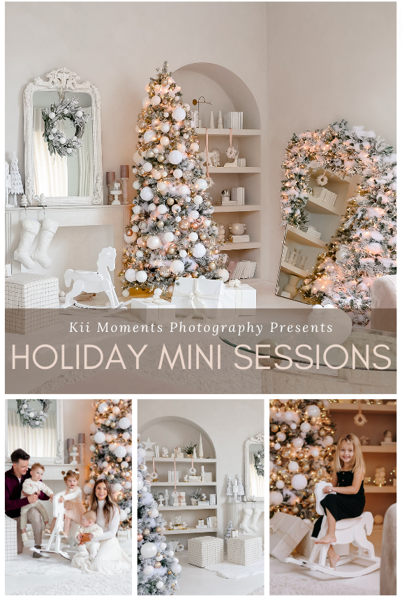 Holiday mini session photography advertisement with elegant Christmas decor and white themed setting.