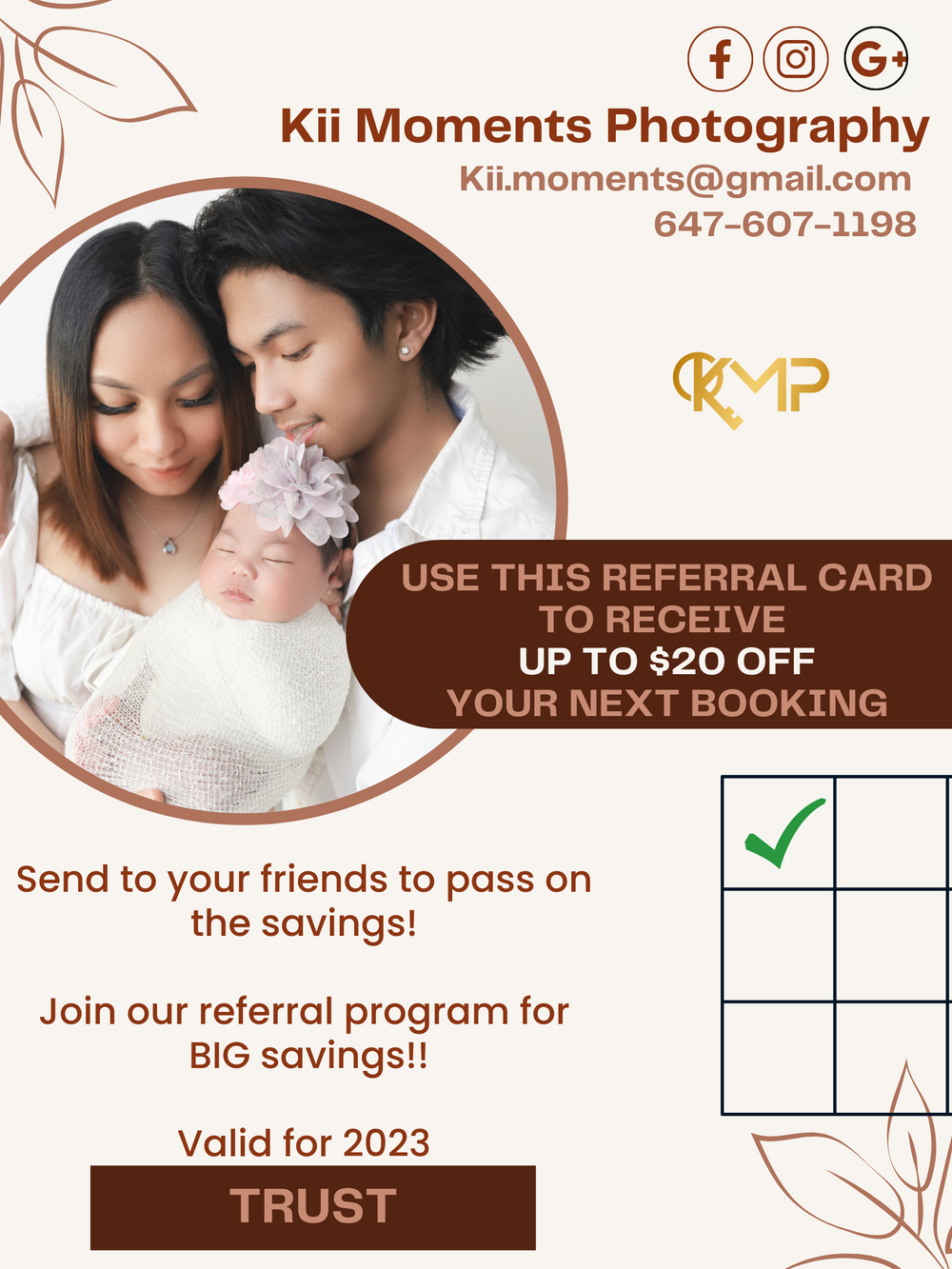 Photography referral card template with brown floral design and reward program details.