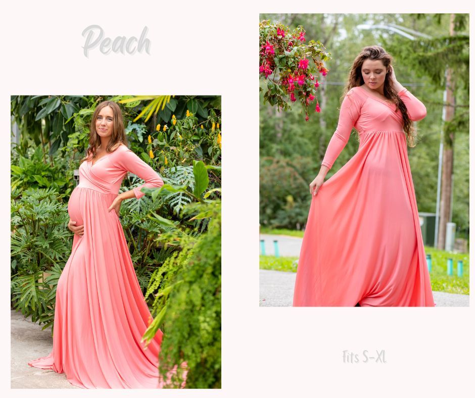 Two views of person in flowing peach maternity gown posing in tropical garden setting.