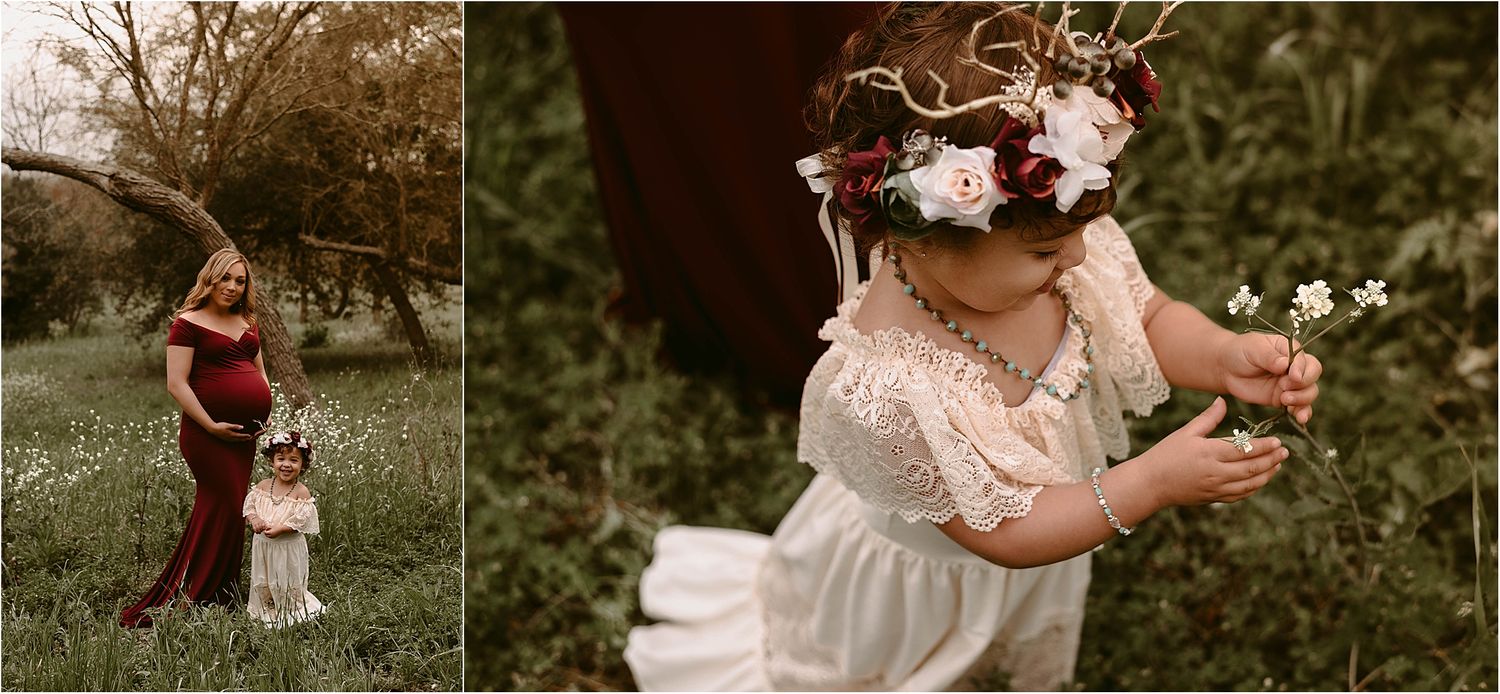 Two touching moments captured in a natural setting with floral crowns and flowing dresses.