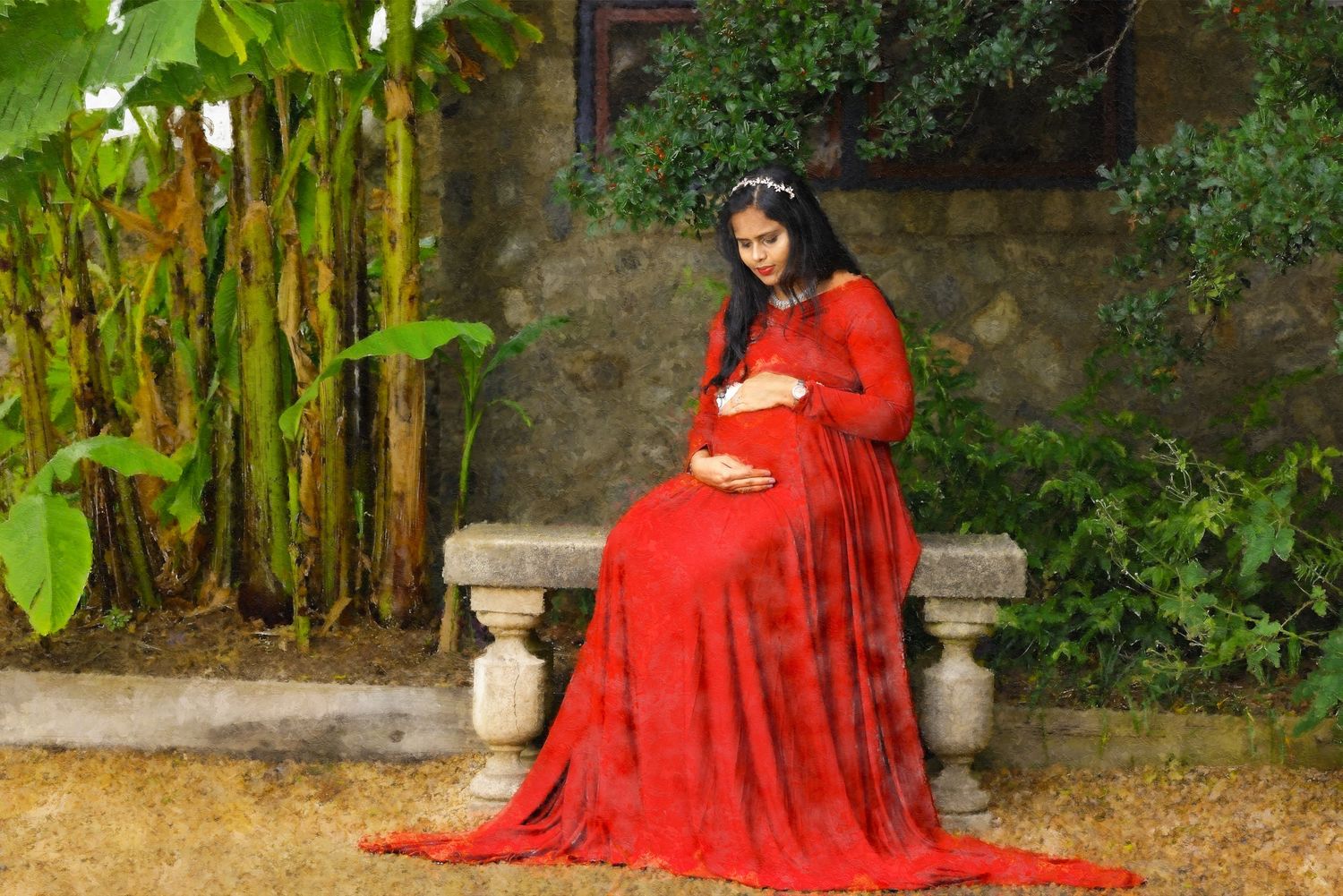 Pregnant Maternity portrait wearing red at Maymont Park