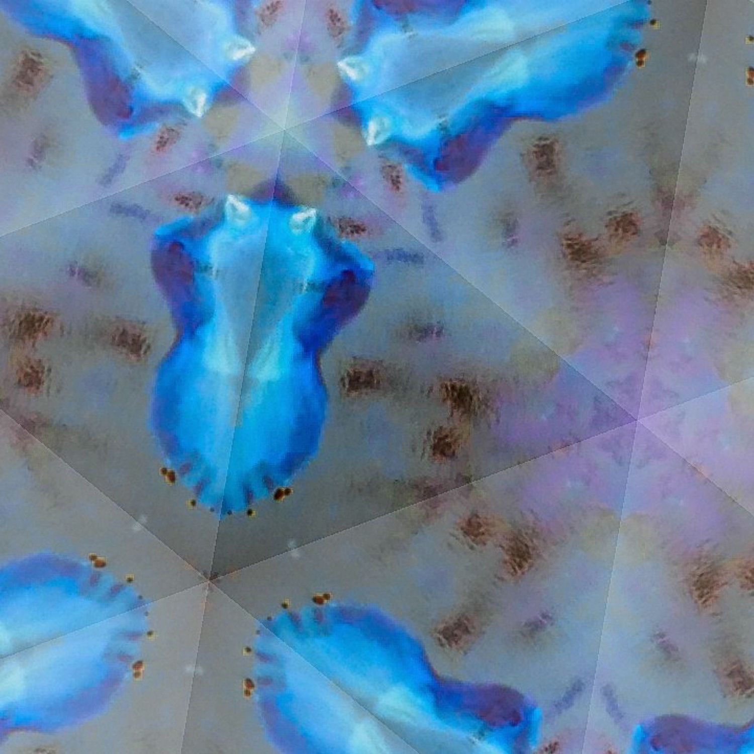 Abstract blue crystalline pattern with radial symmetry and dark spots against a light background.
