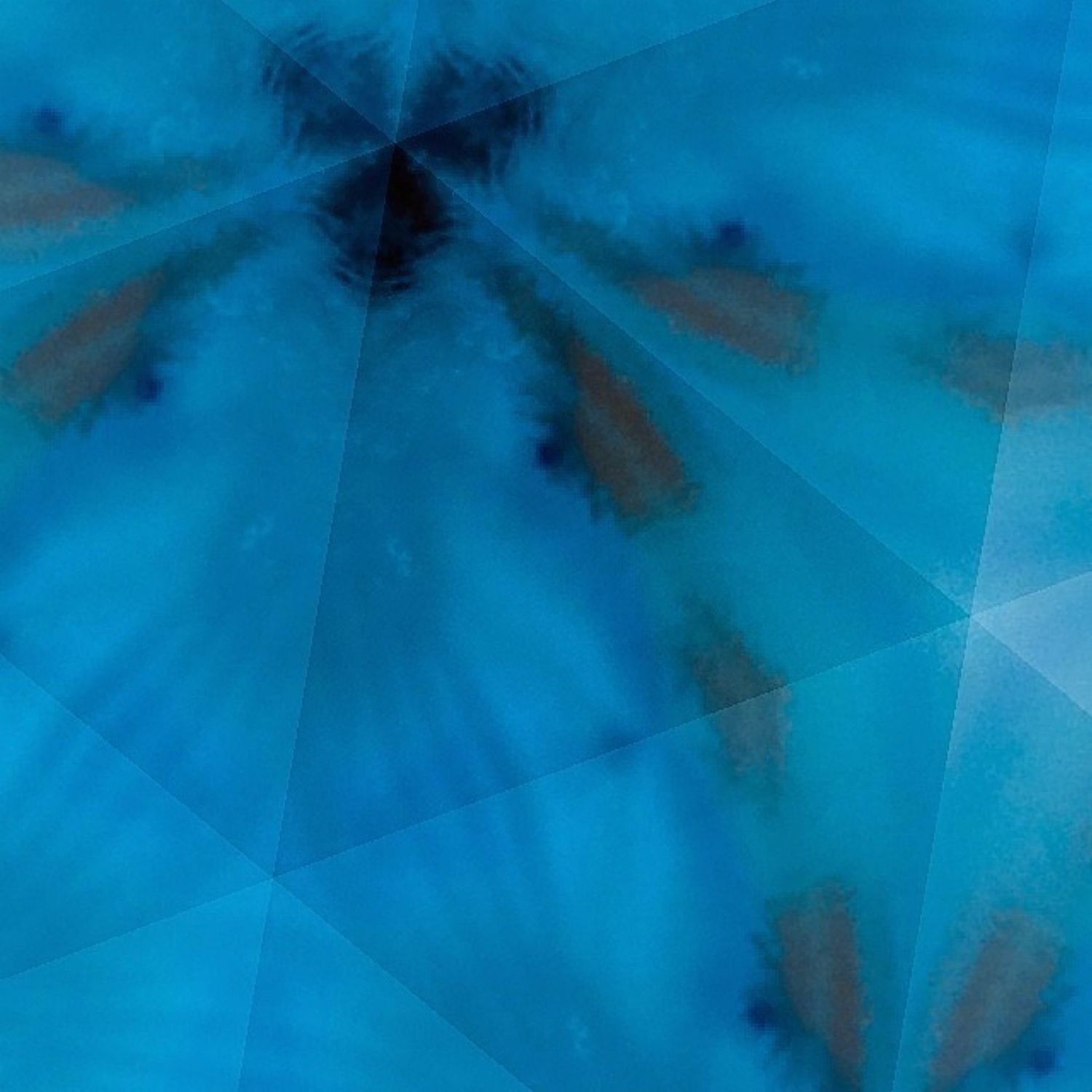 Kaleidoscopic blue pattern with dark shadows radiating from the center.