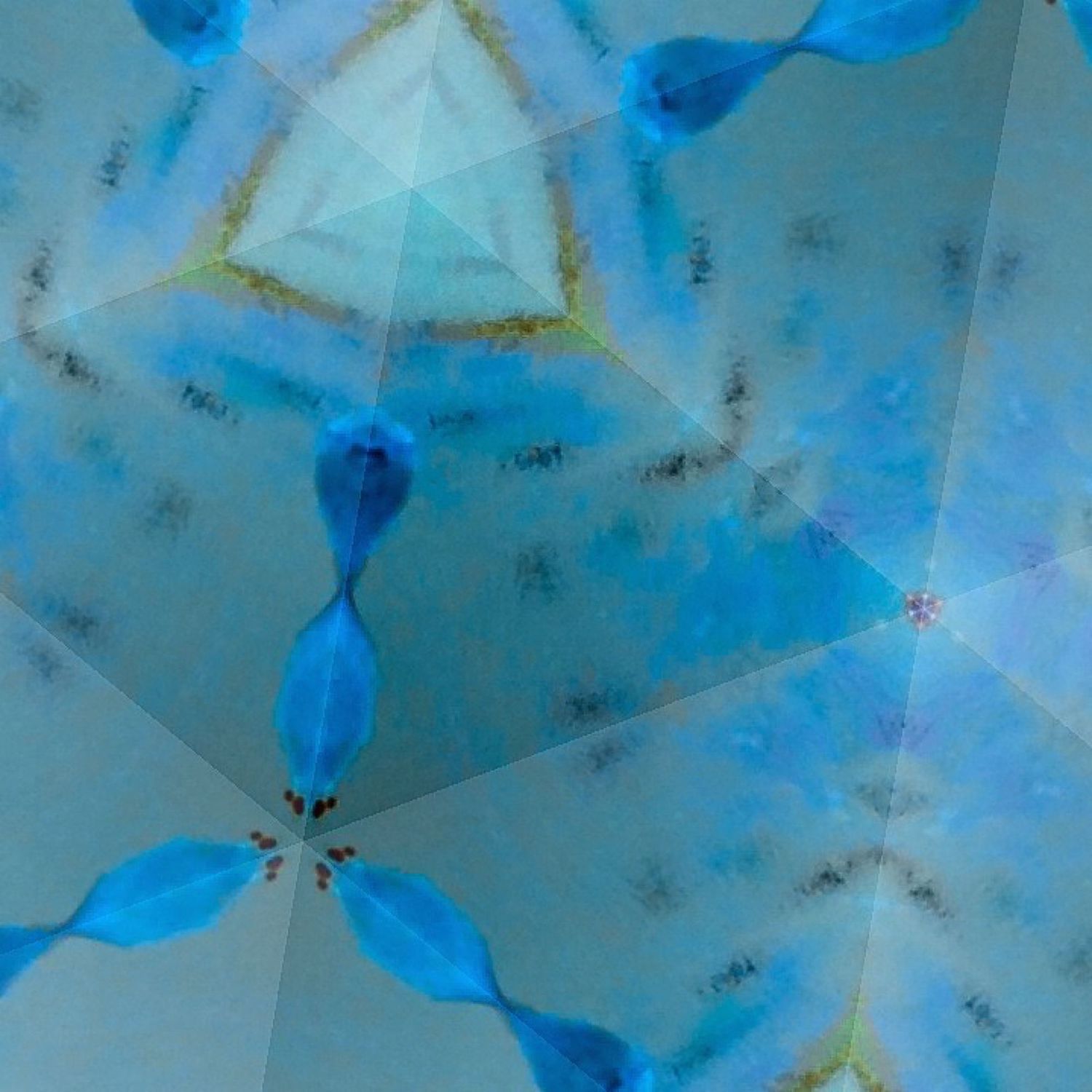 Kaleidoscopic pattern in light blue with geometric flower shapes and triangular elements.