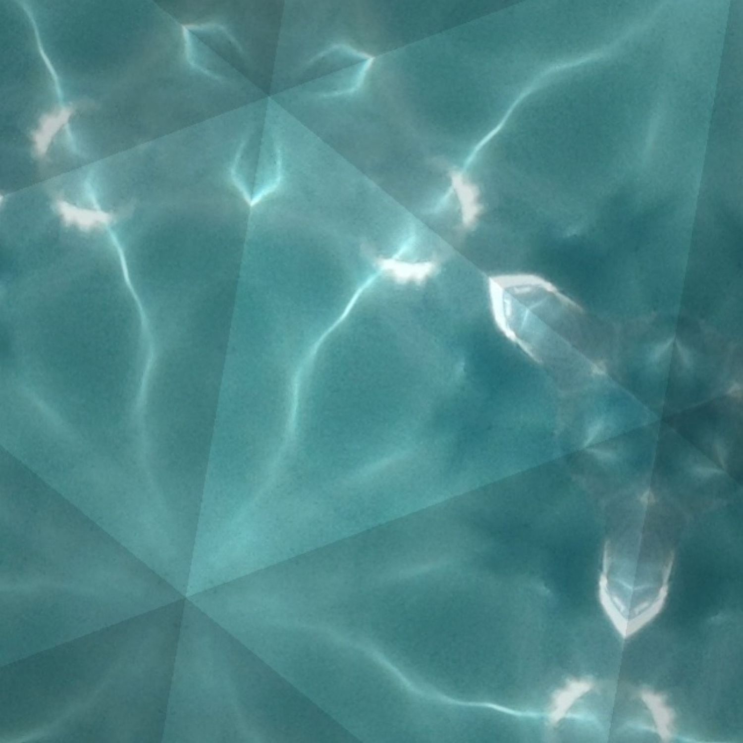 Geometric crystal formation with light rays creating star-like patterns in aqua blue tones.