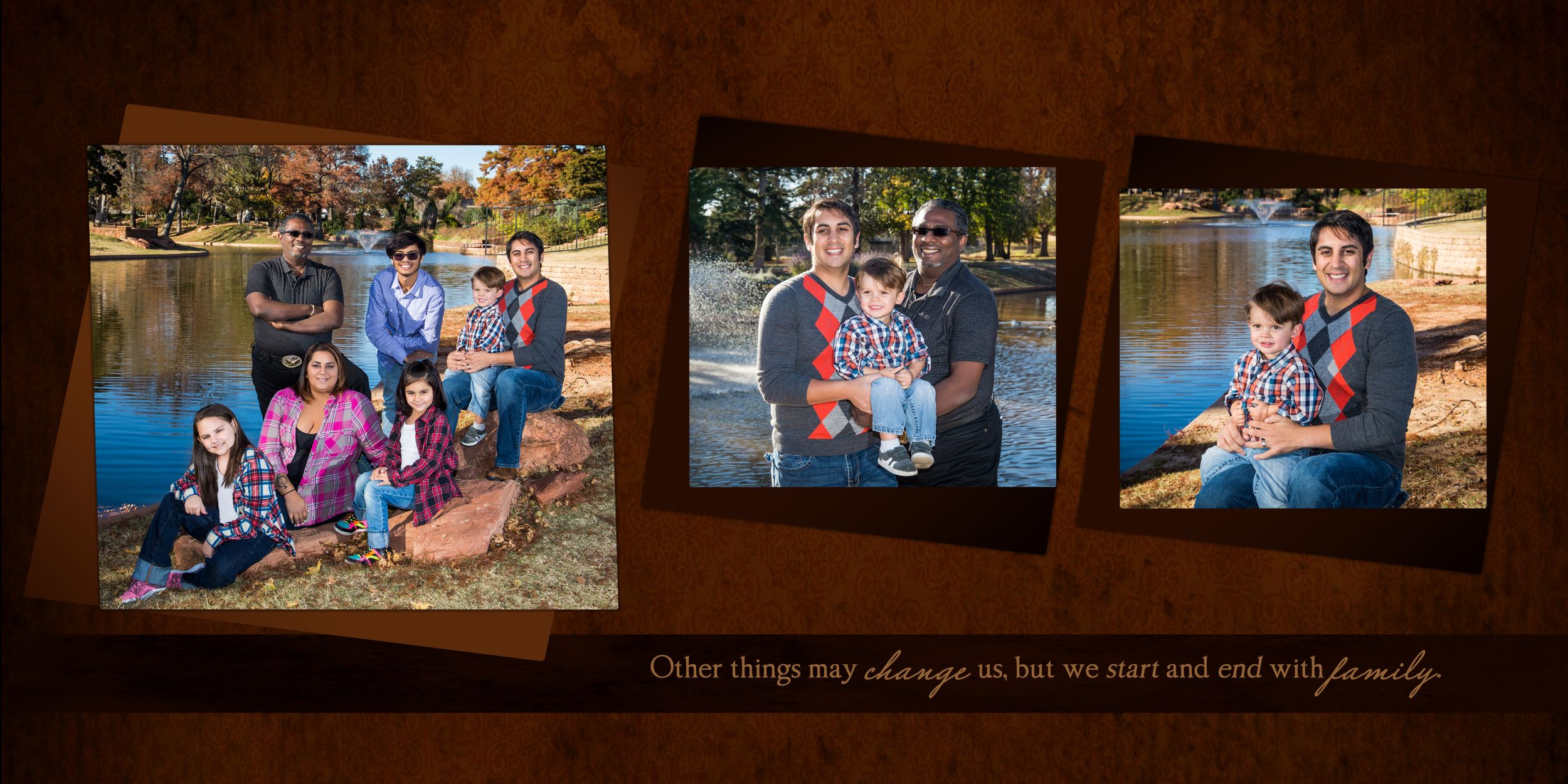 Rustic brown photo wall display featuring outdoor family portraits in wooden frames.