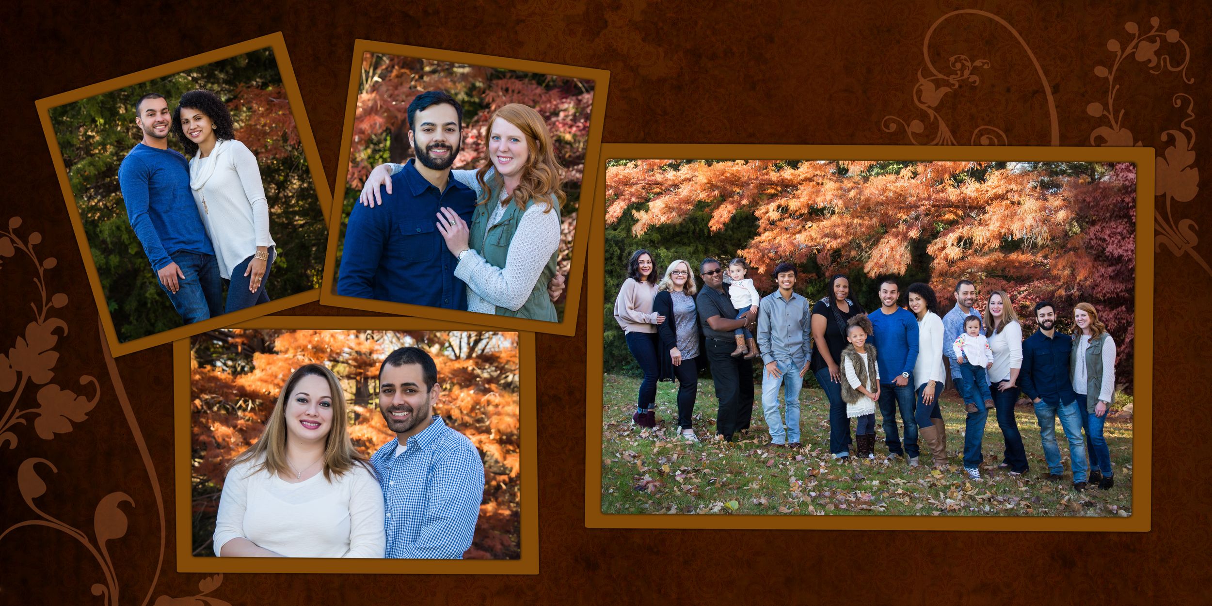 Decorative photo wall layout with multiple family portraits in warm brown tones.