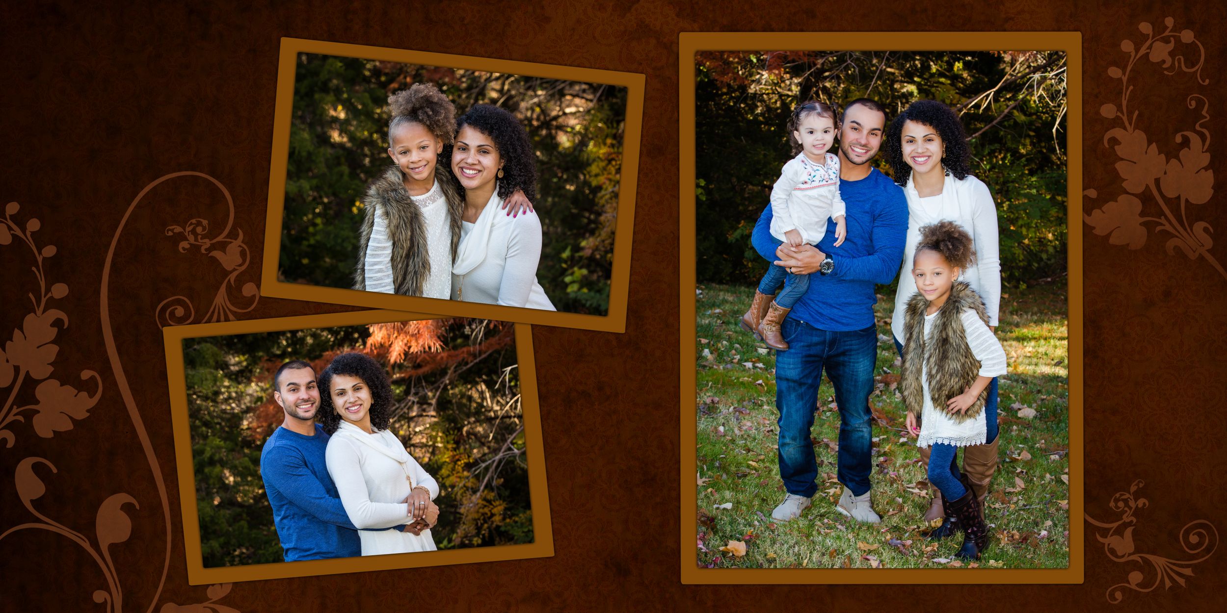 Family photo collage with autumn-themed frames arranged horizontally on a brown background.