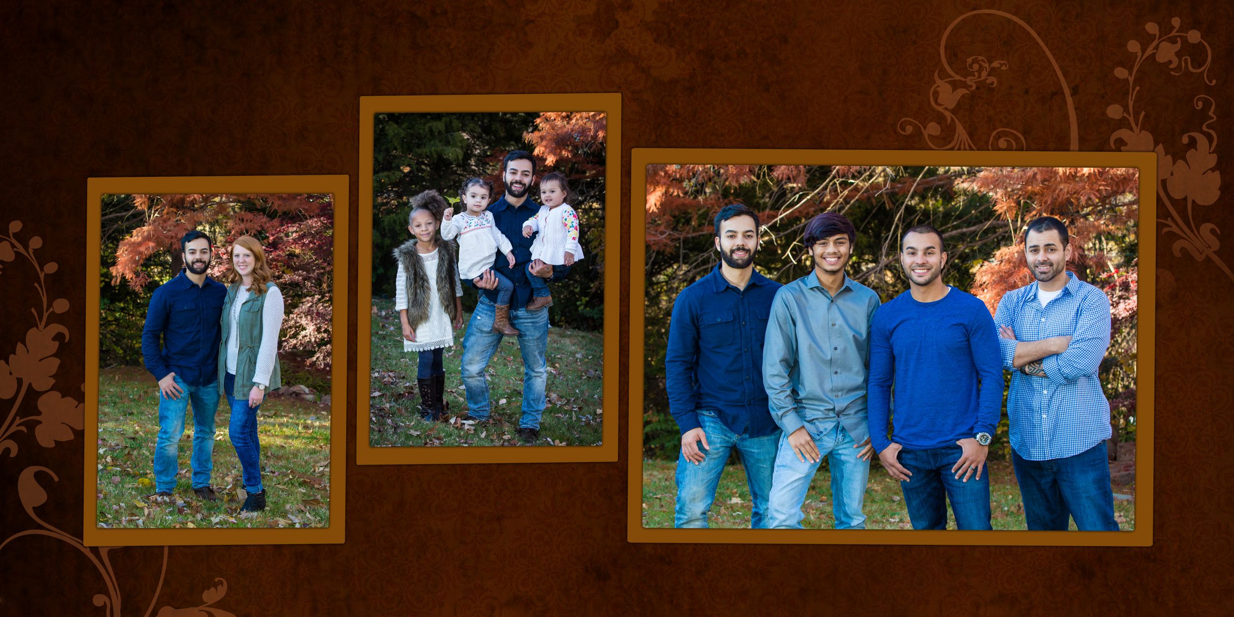 Brown themed photo gallery wall showing multiple family portraits in wooden frames.