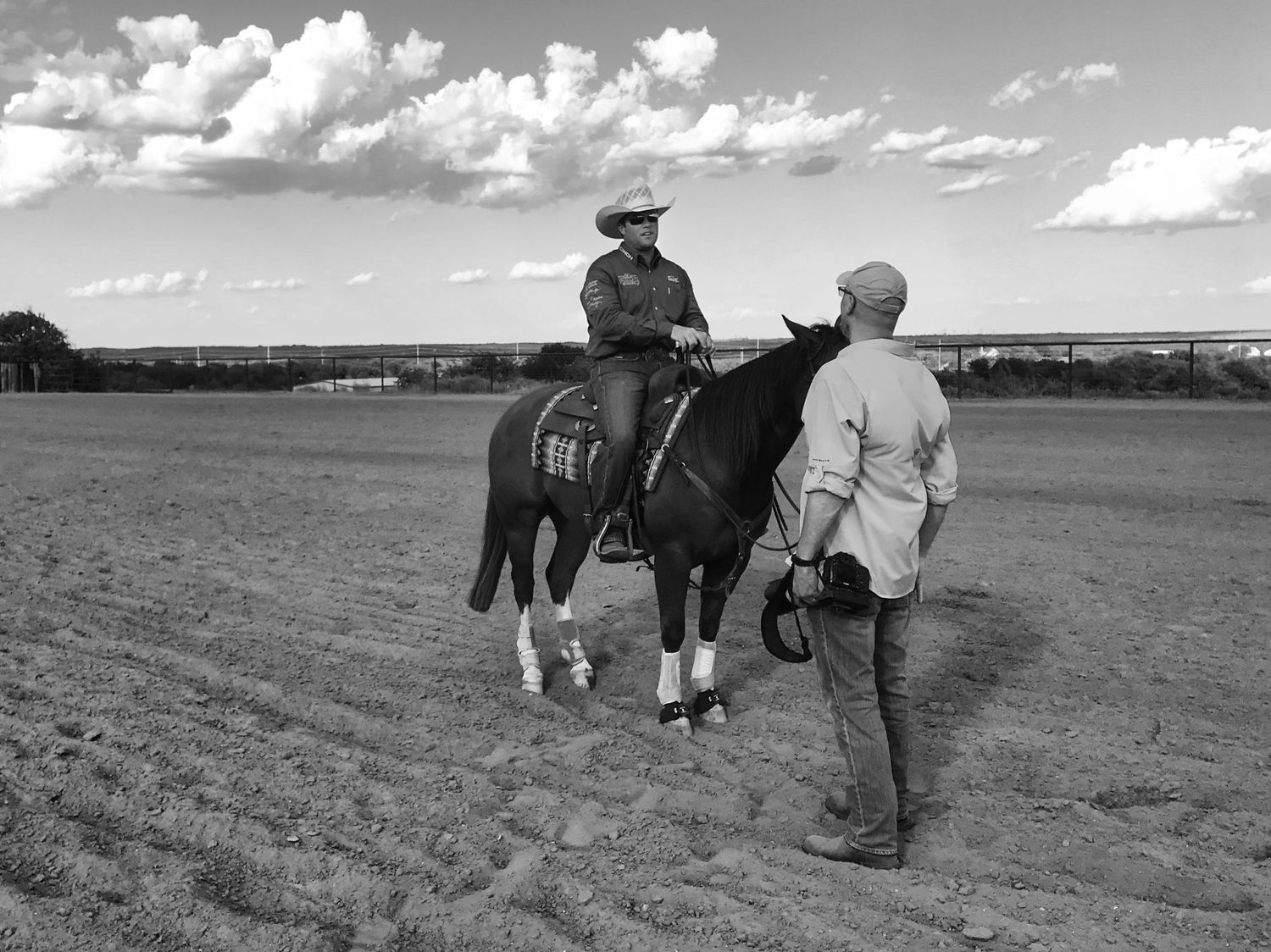 A person on horseback converses with someone in a field under cloudy skies.