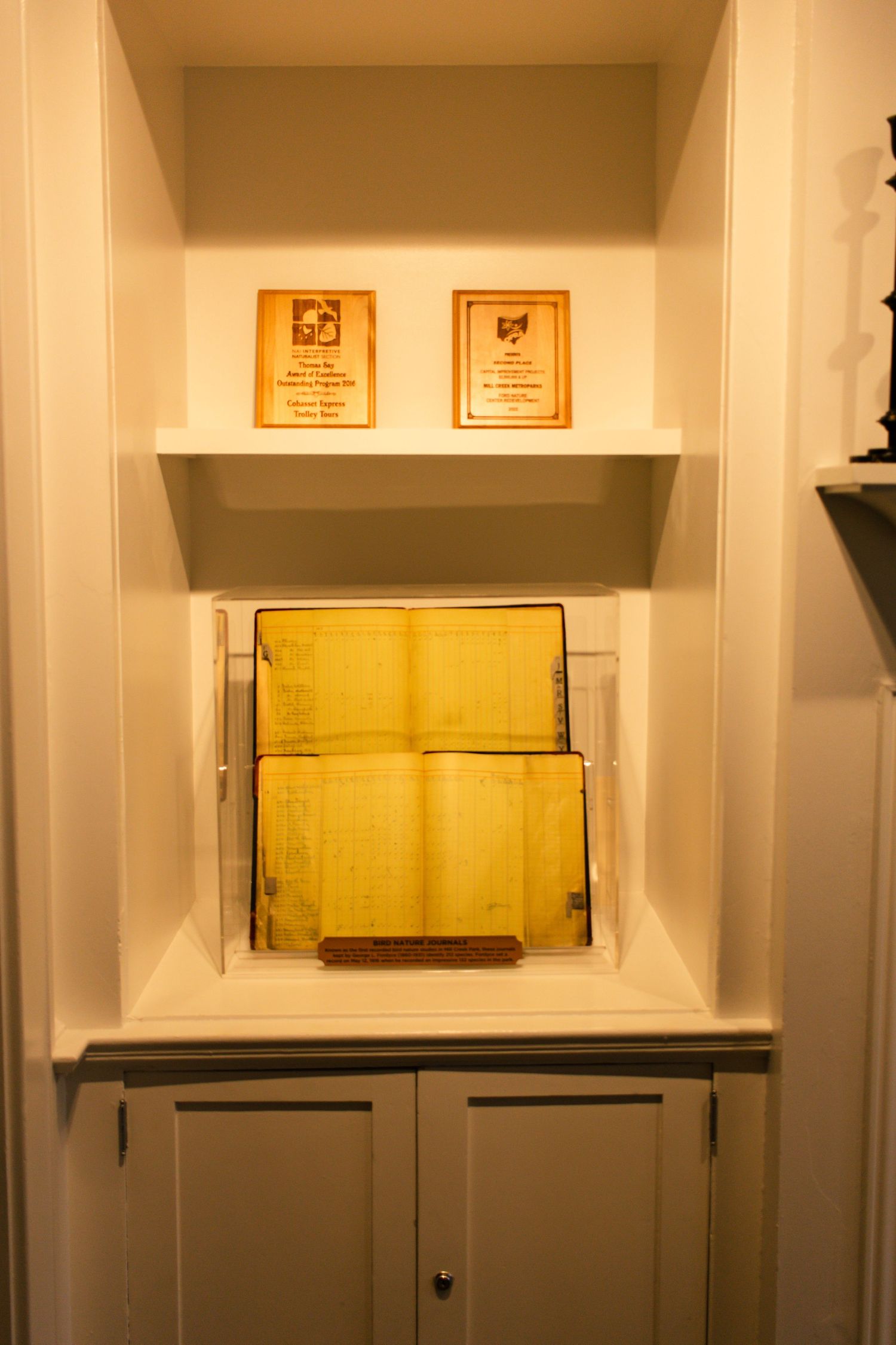 White built-in cabinet display with vintage documents and certificates.