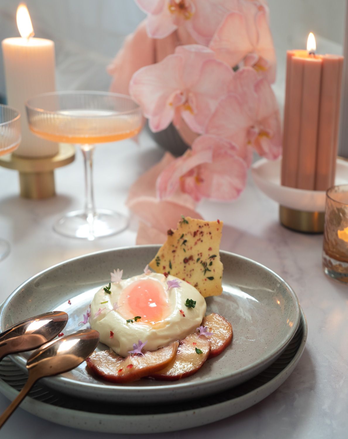Crème Fraiche Mousse, Pink peppercorn & thyme white peach, recipe, plated dessert, date night, dessert styling, recipe